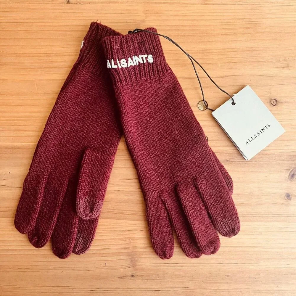 AllSaints Gloves Women's New Burgundy Knit Wool Blend Classic Neutral Winter